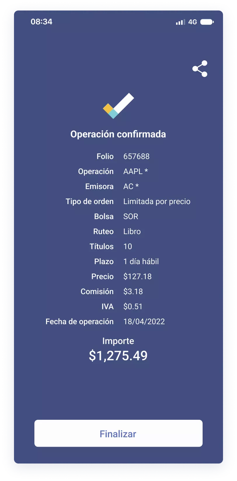 Operación confirmada mobile en Bursanet