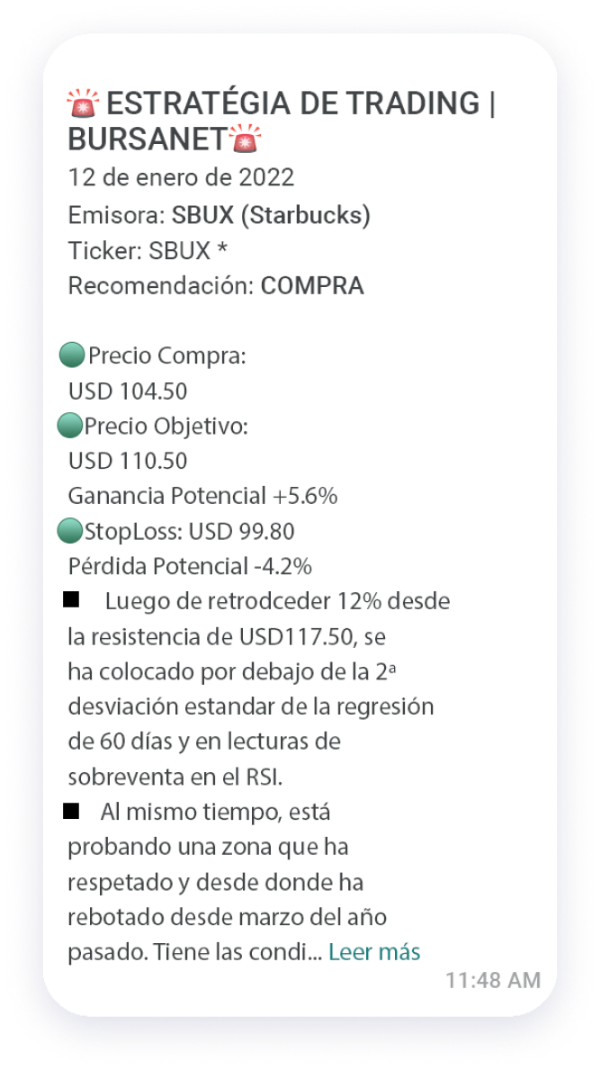 Mensaje de whatsapp mobile de trading en Bursanet